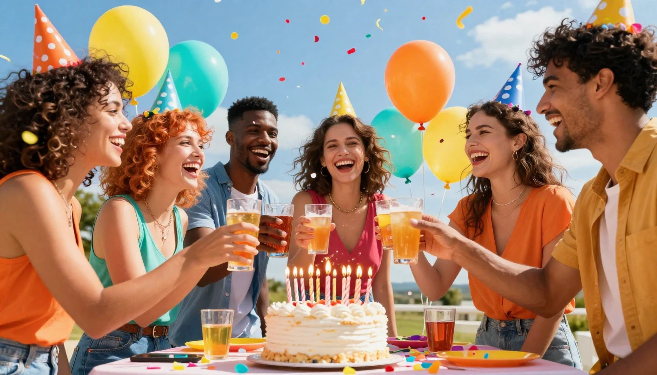 A vibrant and colorful birthday party scene outdoors under a...