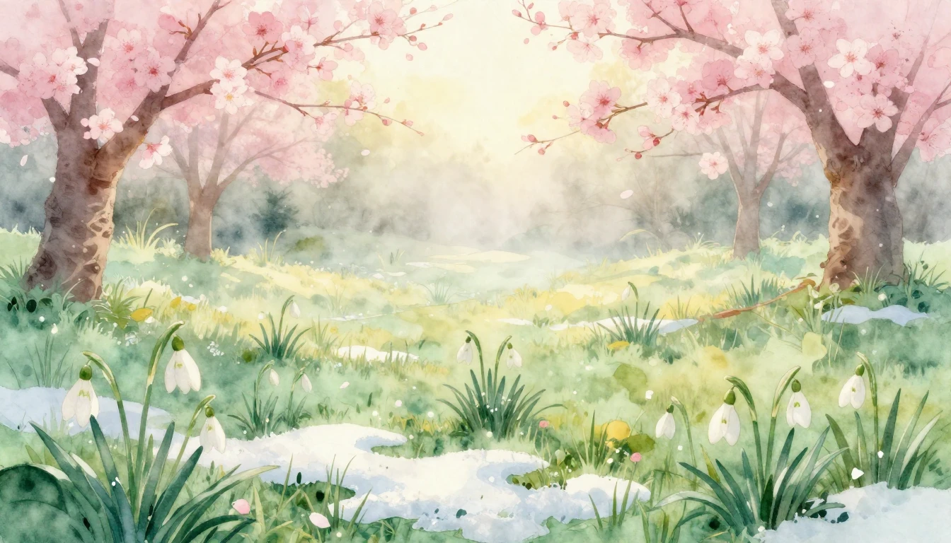A beautiful watercolor painting of a lush meadow at dawn. De...
