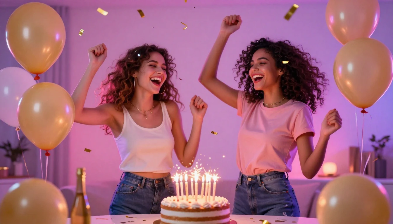 A vibrant and celebratory scene featuring two young women la...