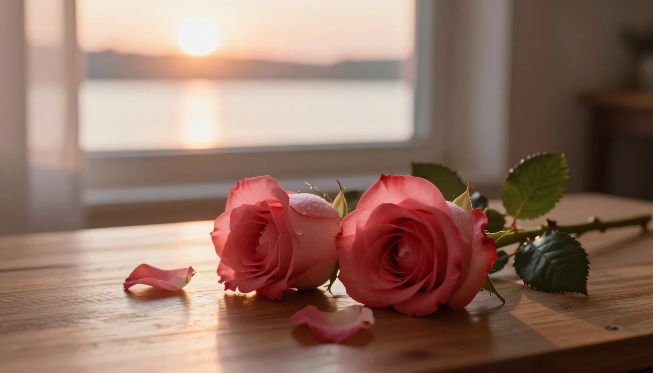 A beautiful and ethereal scene featuring two delicate red ro...