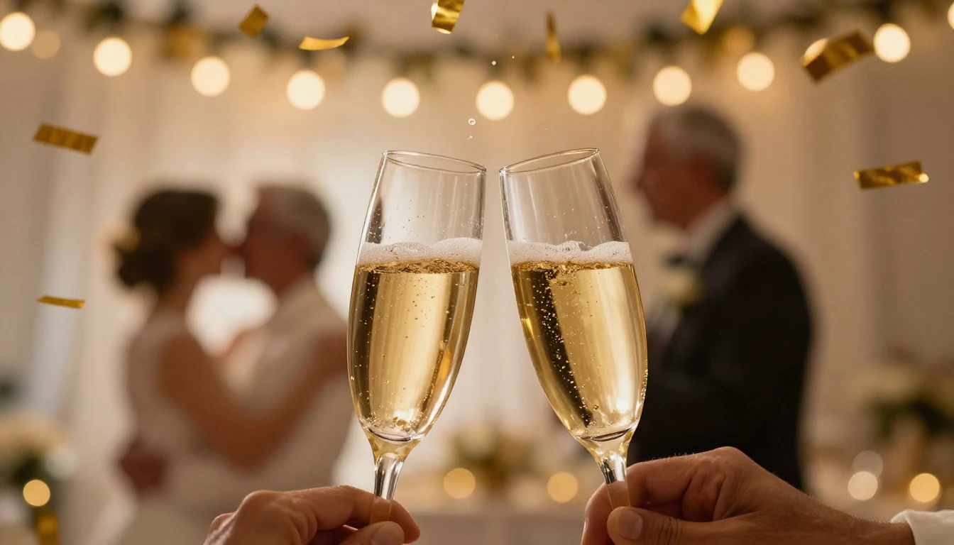 A festive celebration scene for a wedding anniversary. Close...