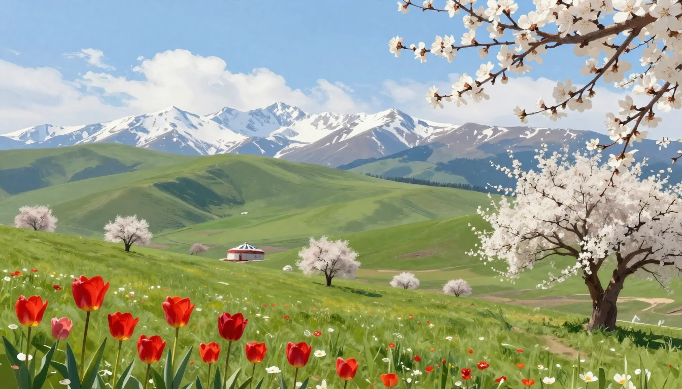 A vibrant spring landscape in Central Asia during the Nowruz...