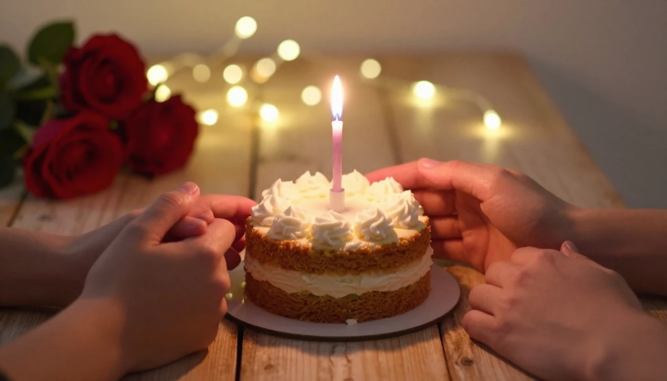A romantic and cozy birthday setting, close-up of a small de...