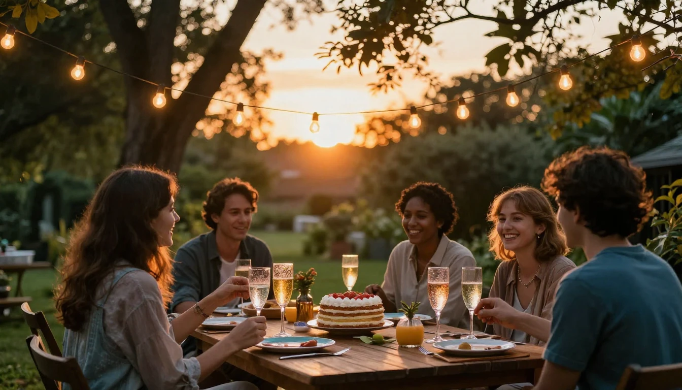 A vibrant and warm scene featuring a cozy outdoor garden par...