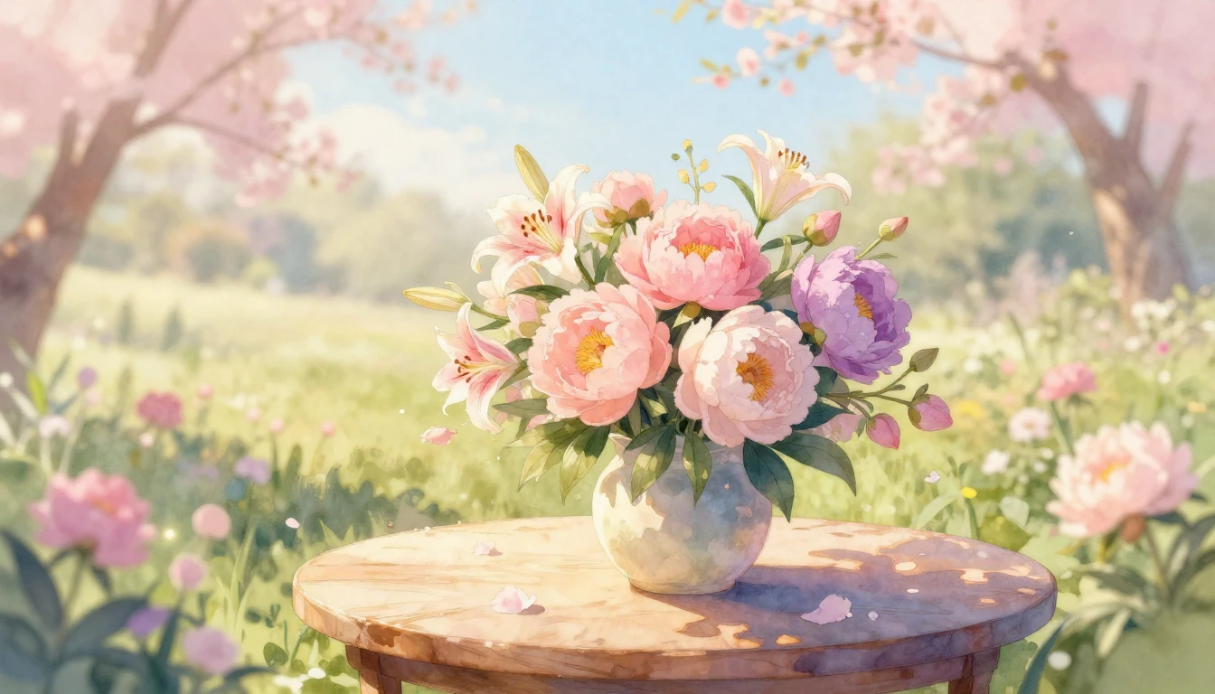 A beautiful watercolor painting depicting a serene garden in...