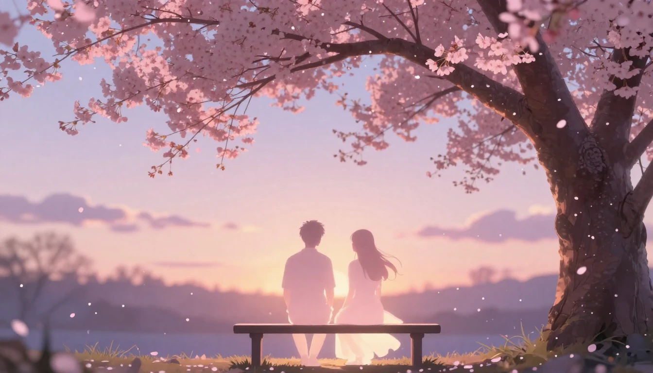 A beautiful and ethereal scene of two glowing silhouettes si...