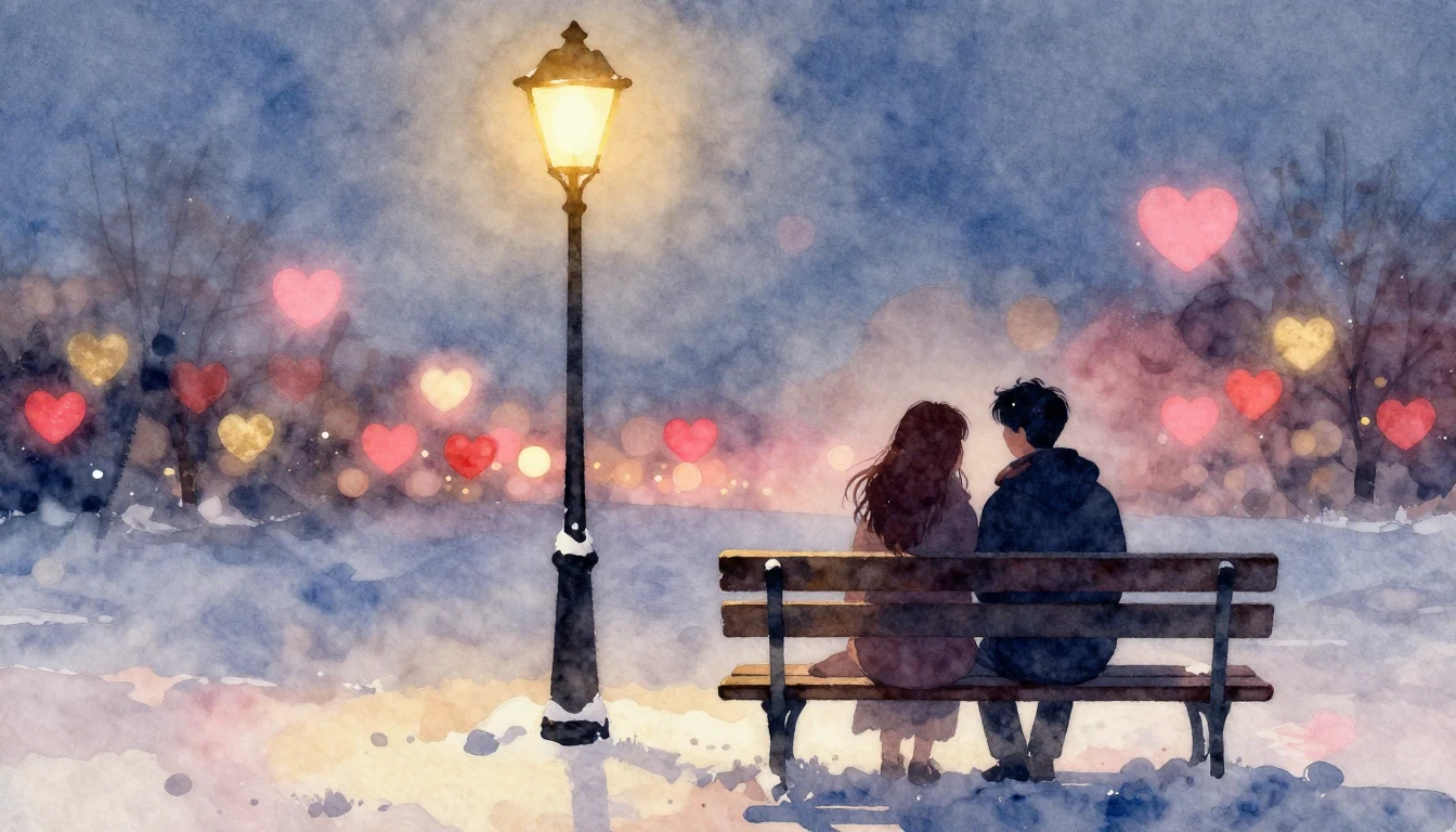 A soft and romantic watercolor painting depicting two silhou...