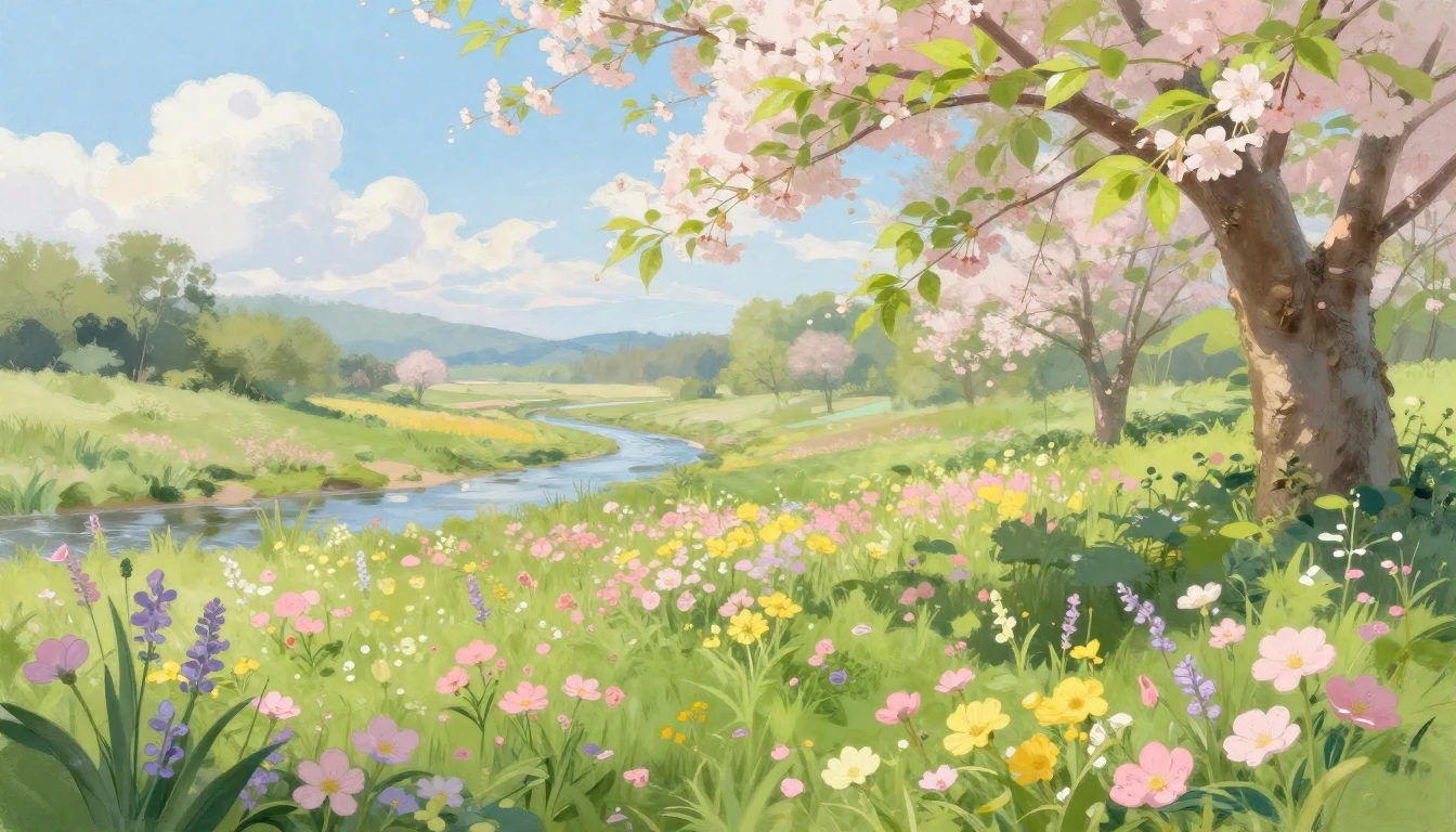 A breathtaking spring landscape featuring a lush meadow fill...