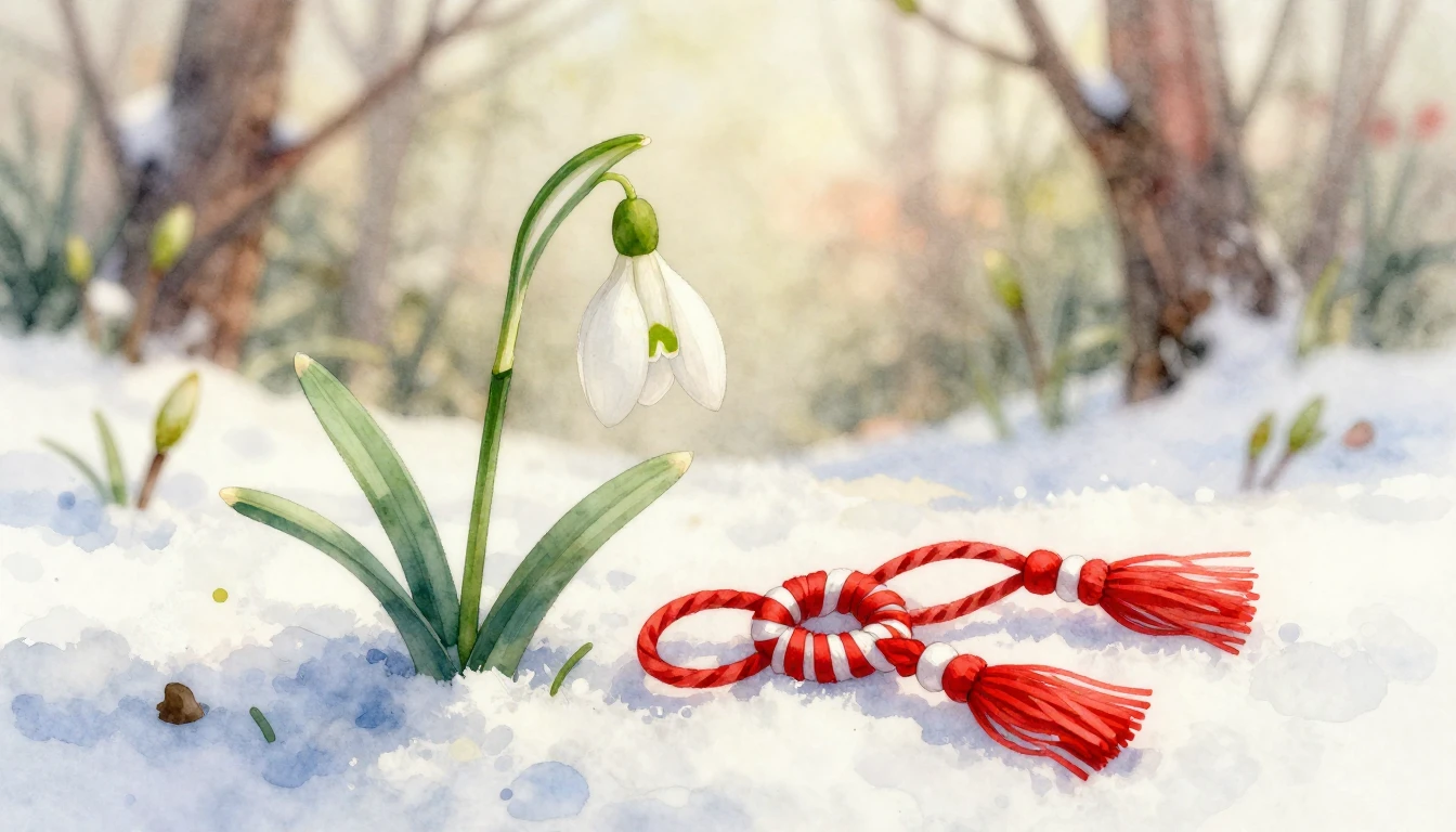A delicate watercolor painting of a snowdrop flower emerging...