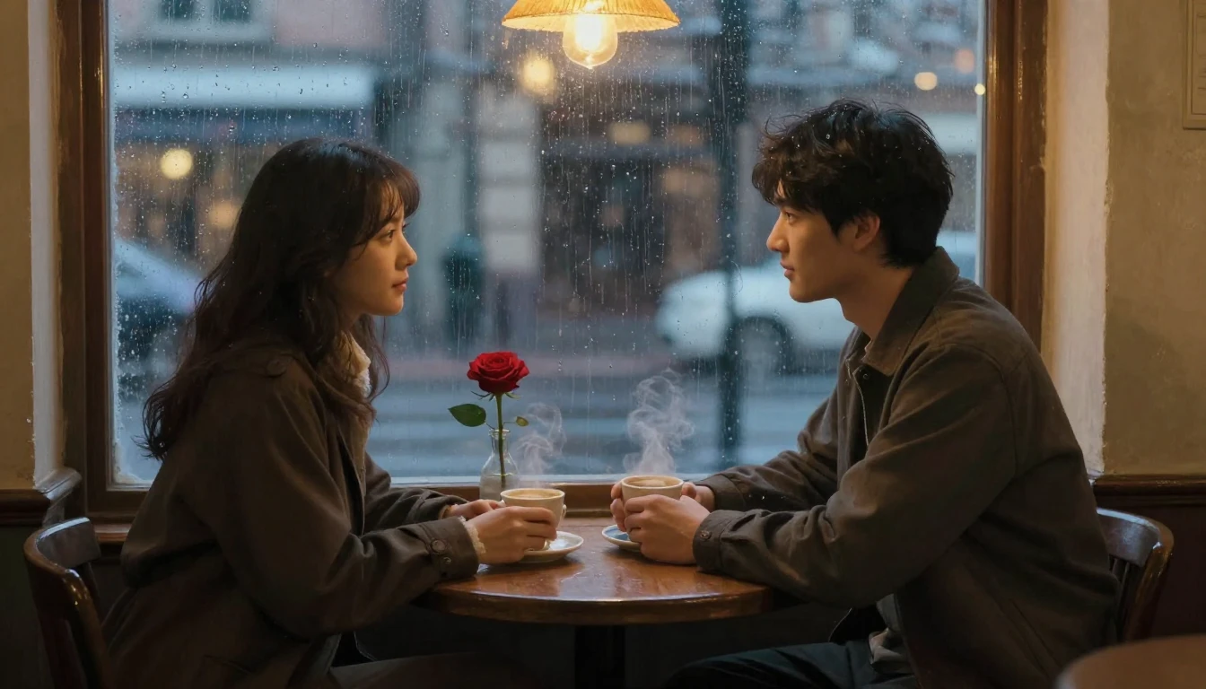 A romantic and intimate scene inside a cozy vintage café, vi...