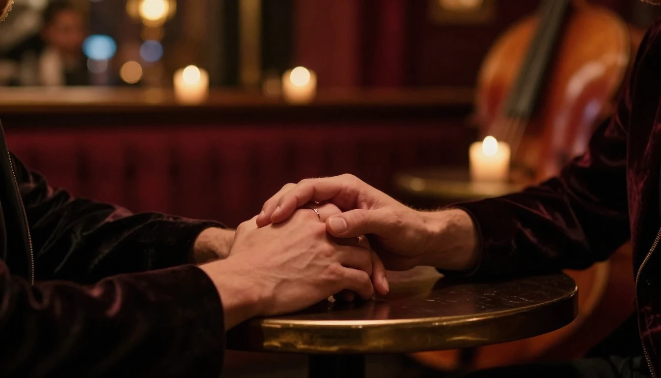 A close-up, cinematic shot of a couple holding hands across ...