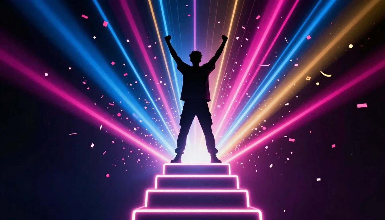 A vibrant conceptual image of a silhouette standing triumpha...