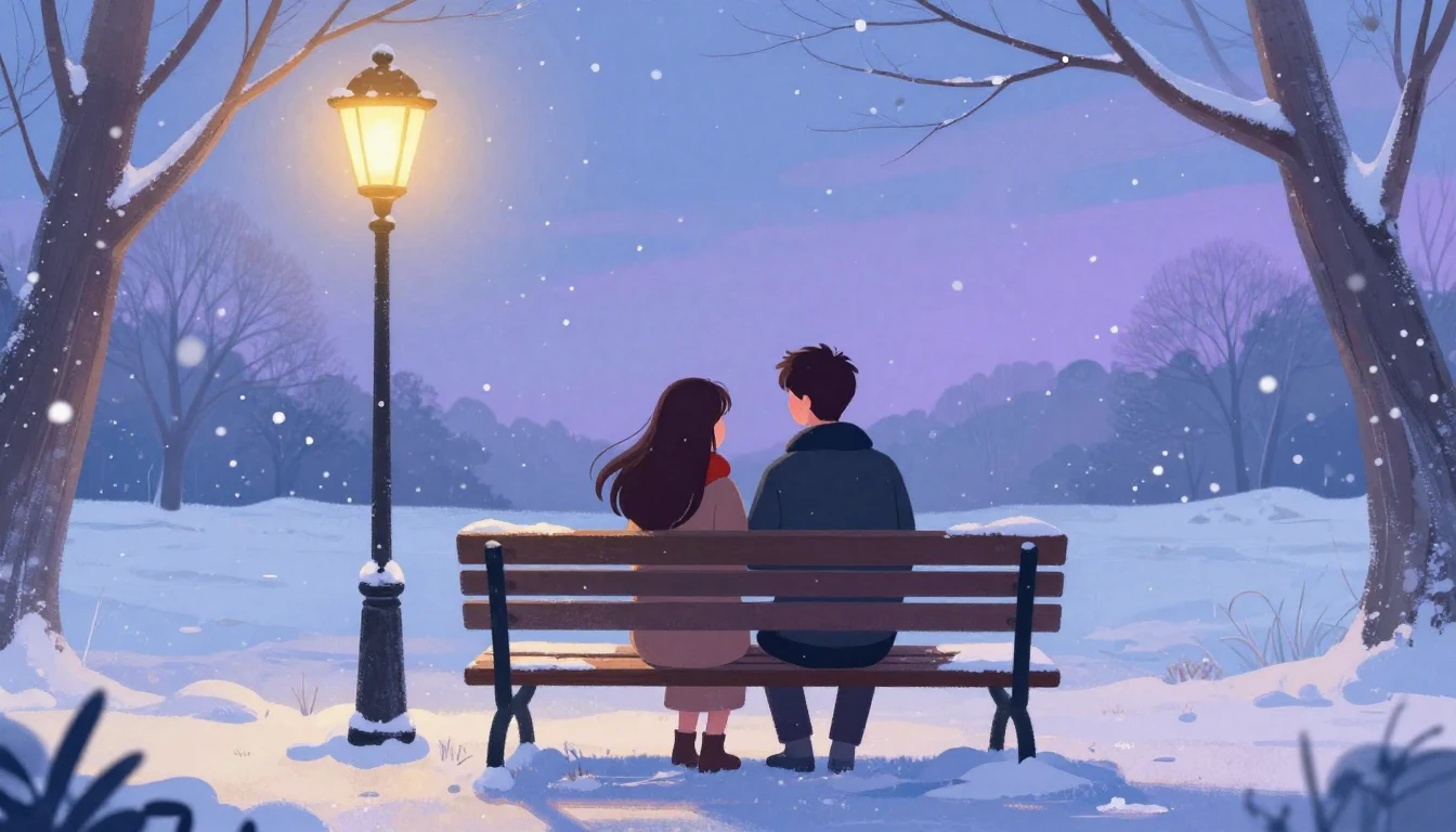 A romantic and cozy illustration of a couple sitting on a be...