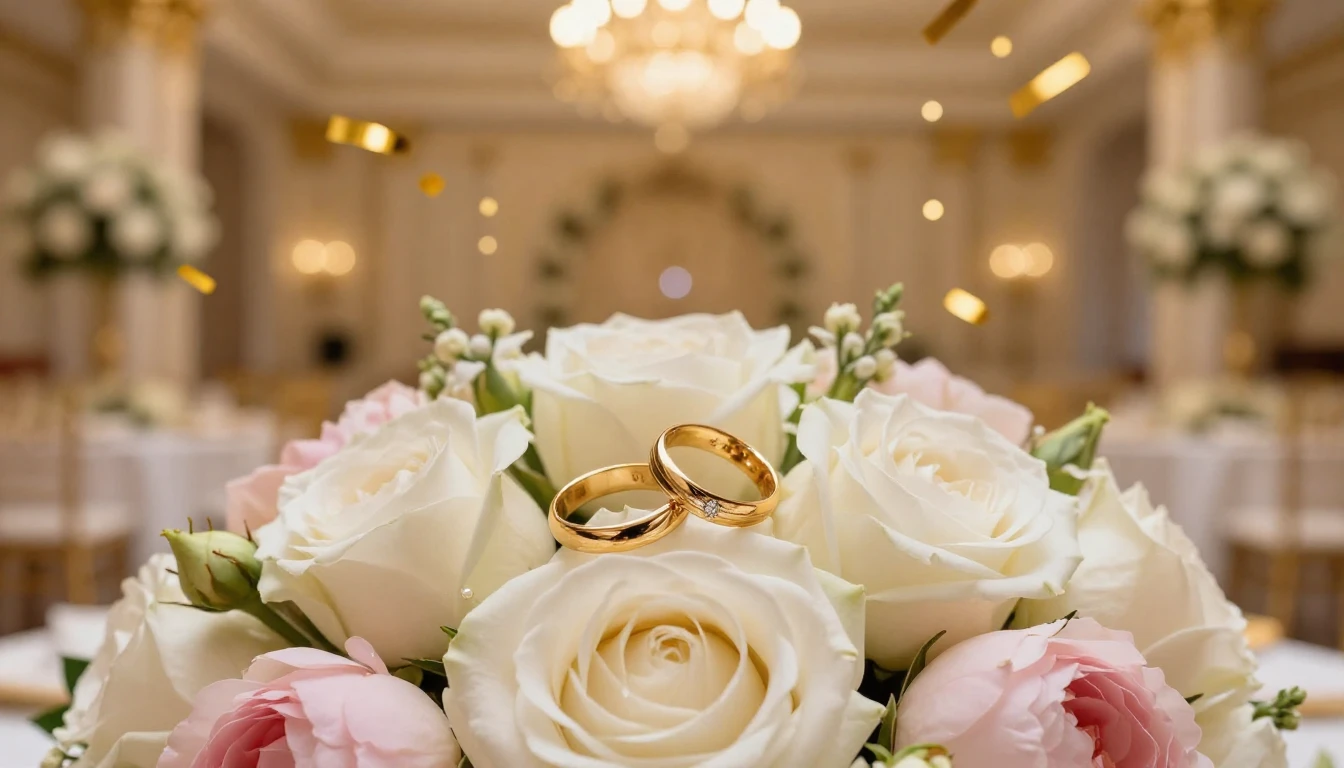 A festive and romantic wedding atmosphere. Close-up of two g...