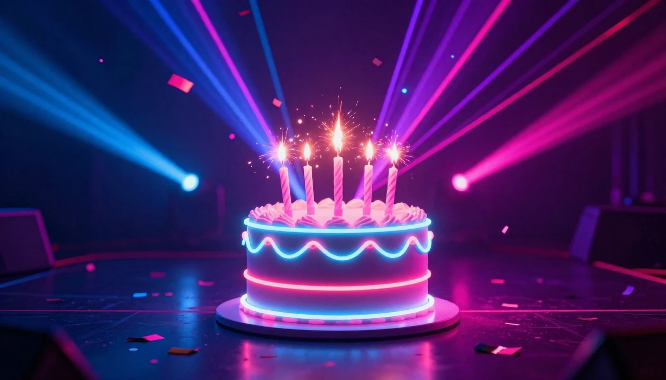 A vibrant and energetic birthday concept art featuring a glo...