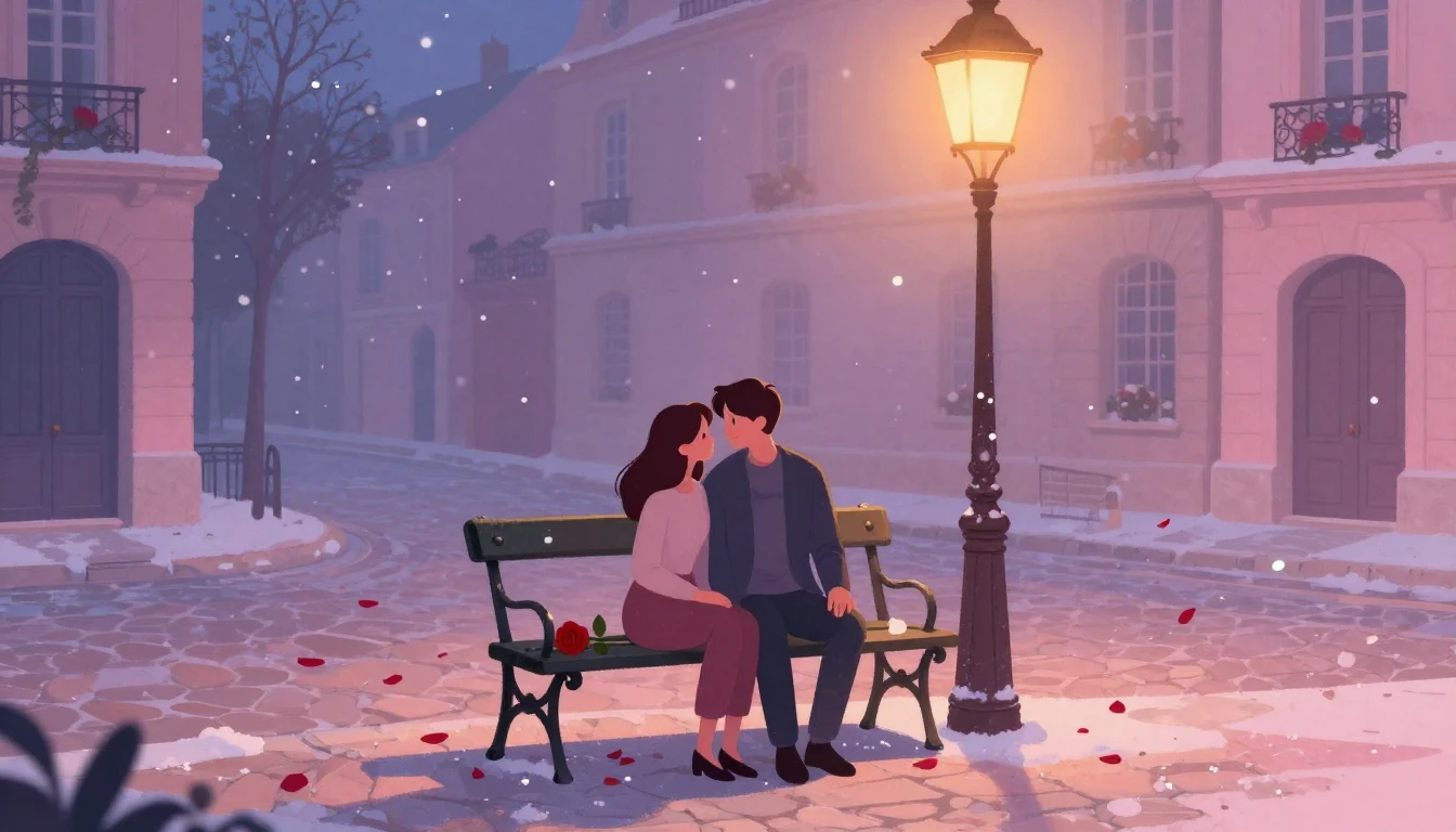 A romantic and soft illustration of a couple sitting on a vi...