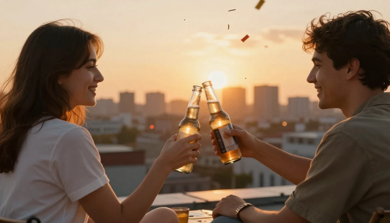 A warm and inviting scene of two friends sitting on a roofto...