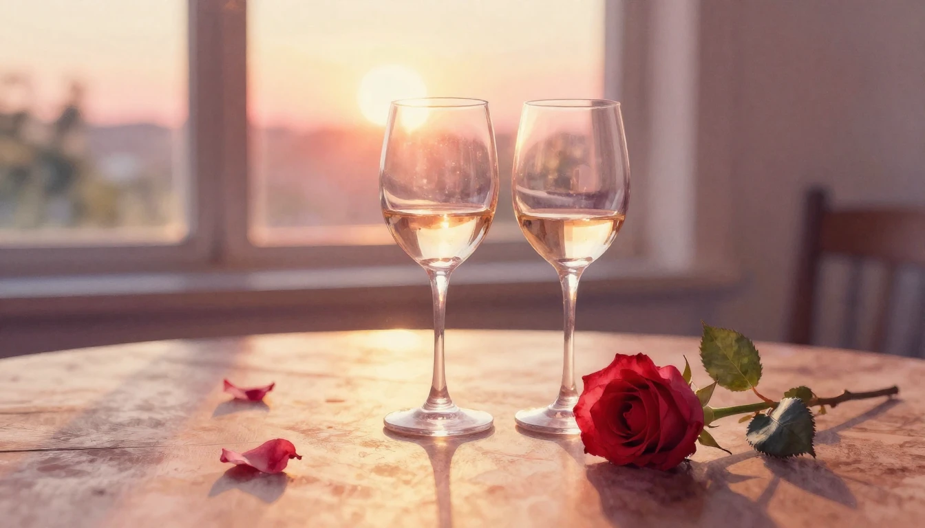 A soft watercolor painting of two elegant wine glasses sitti...