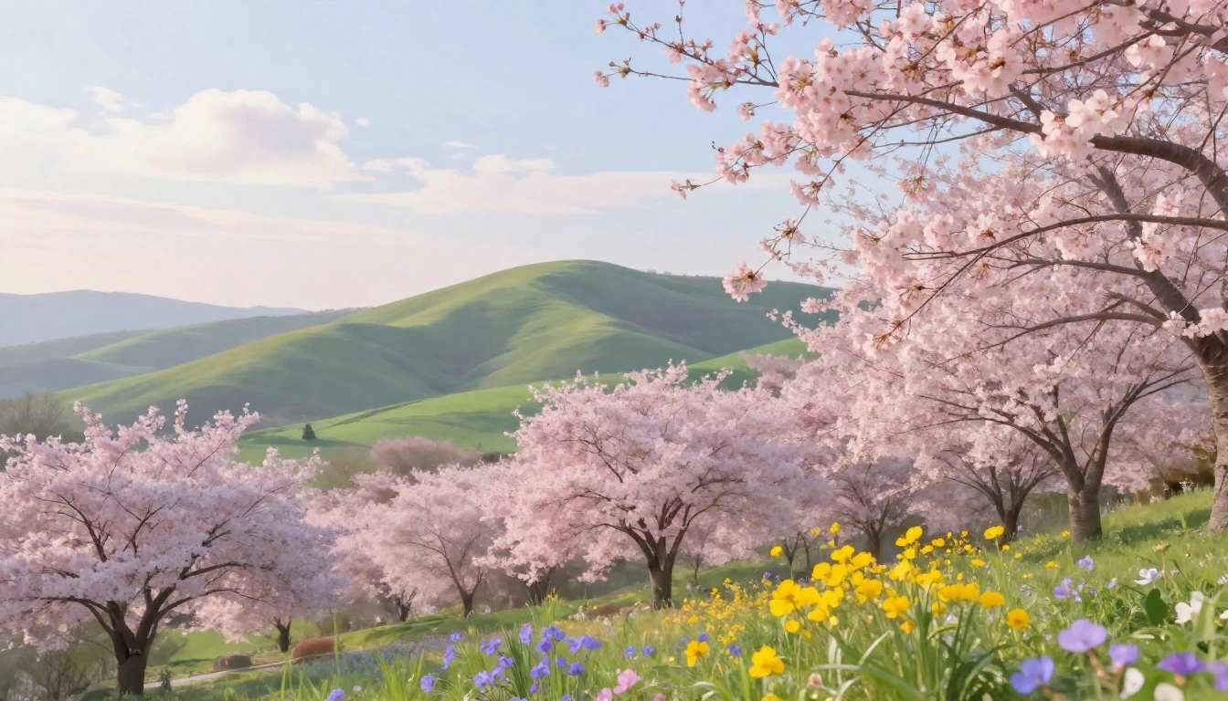 A serene landscape capturing the peak of spring. The foregro...