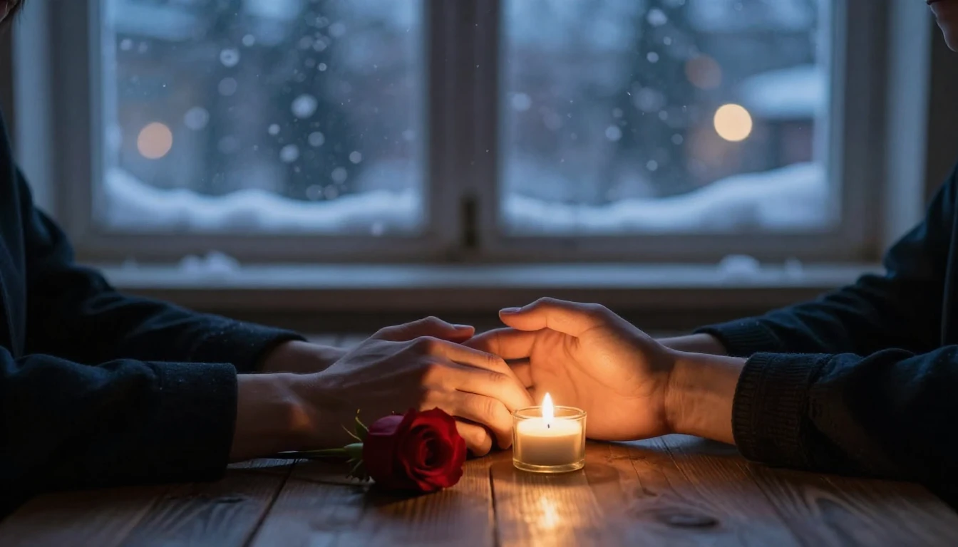 A romantic close-up scene at twilight. Two hands holding eac...