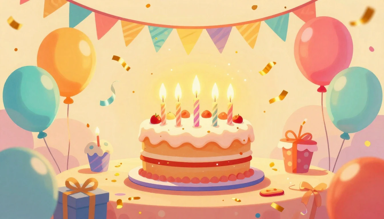 A vibrant and joyful digital art illustration of a birthday ...
