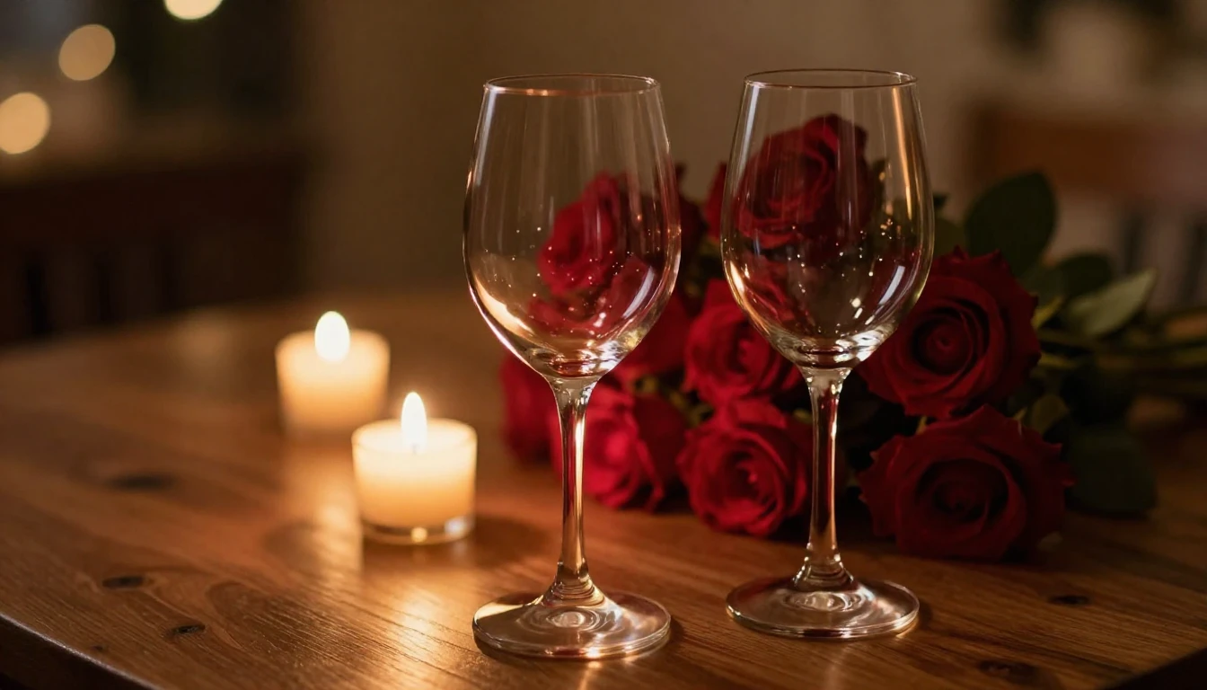 A close-up shot of two elegant wine glasses on a wooden tabl...