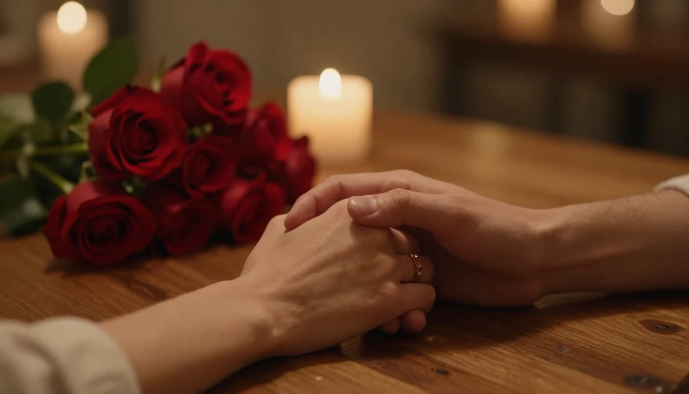 Cinematic close-up shot of a romantic Valentine's Day settin...