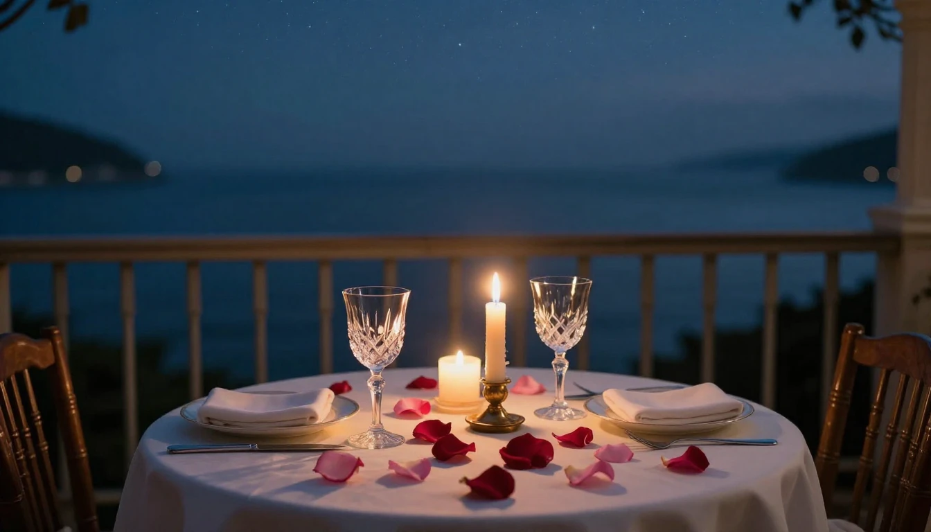 A breathtakingly beautiful scene of a quiet, candlelit dinne...
