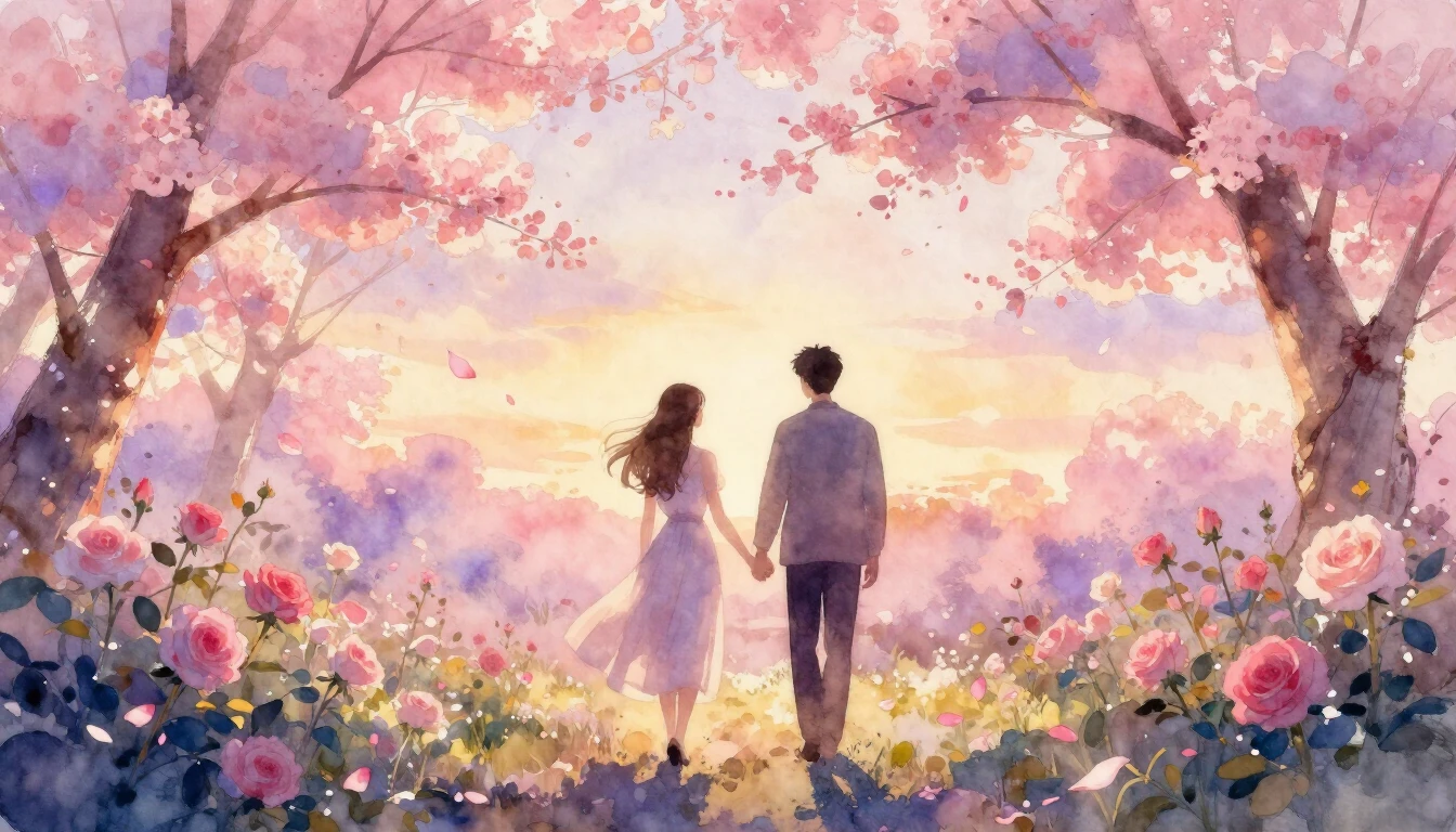 A dreamy watercolor painting of two silhouettes walking hand...
