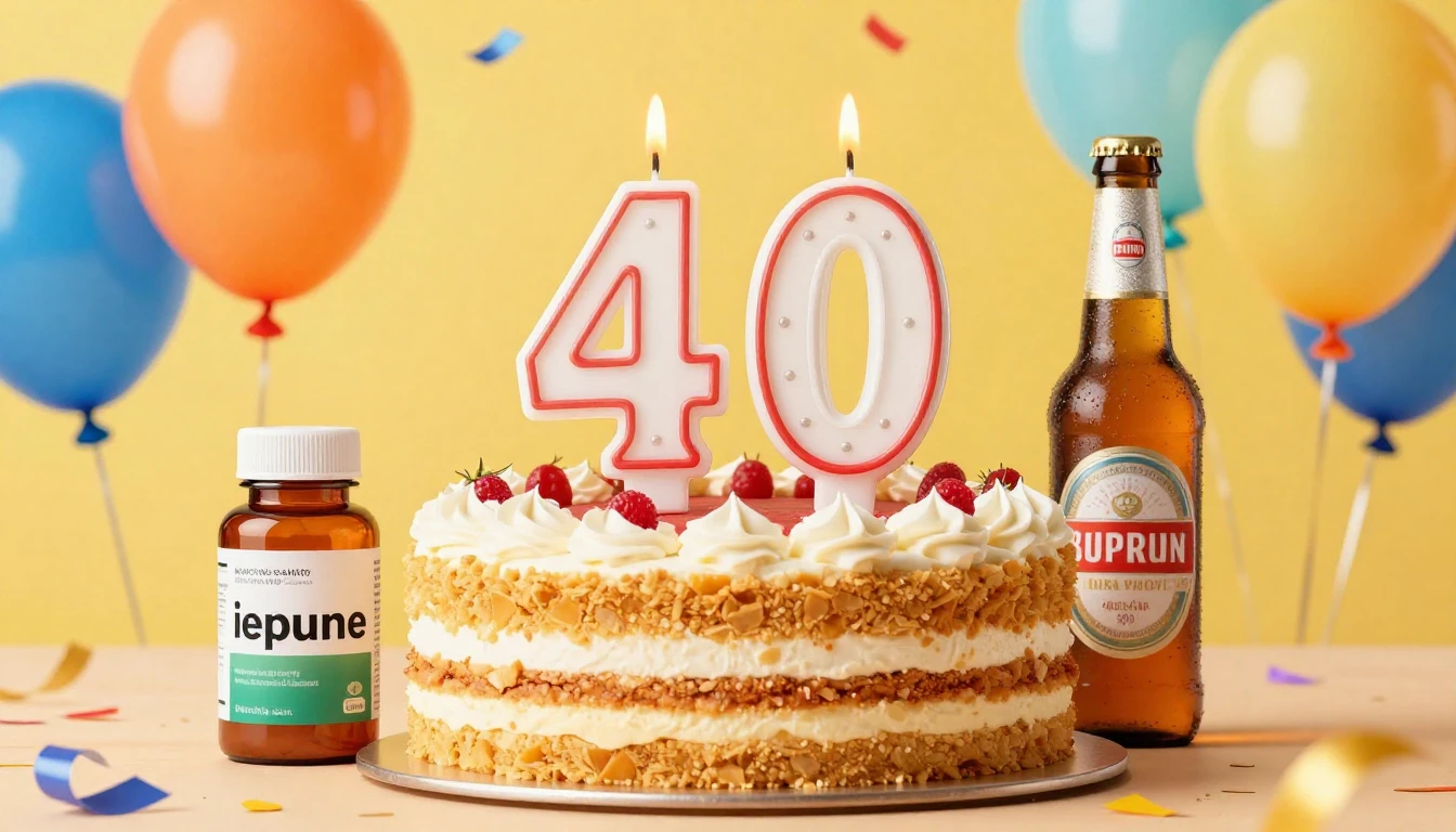 A humorous and festive birthday album cover design. In the c...