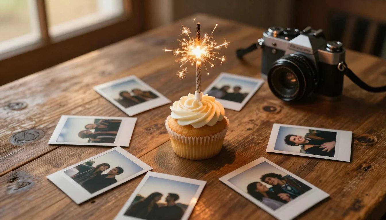 A warm and nostalgic scene on a rustic wooden table top view...