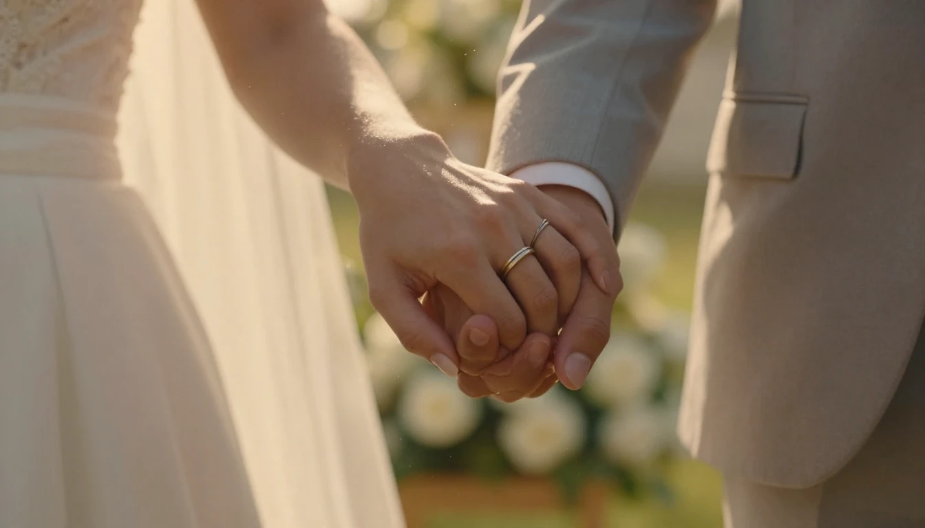 Cinematic close-up shot of a bride and groom holding hands, ...