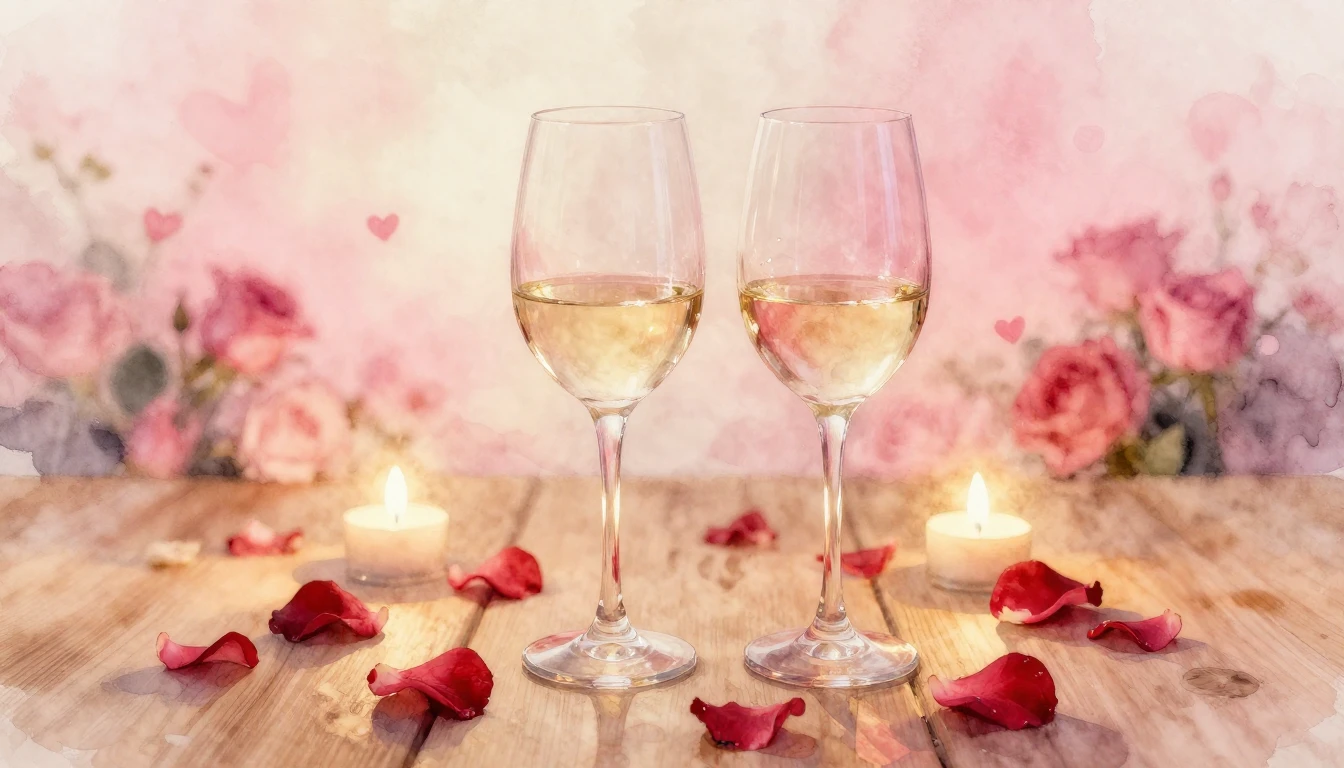 A soft watercolor painting of two elegant wine glasses sitti...