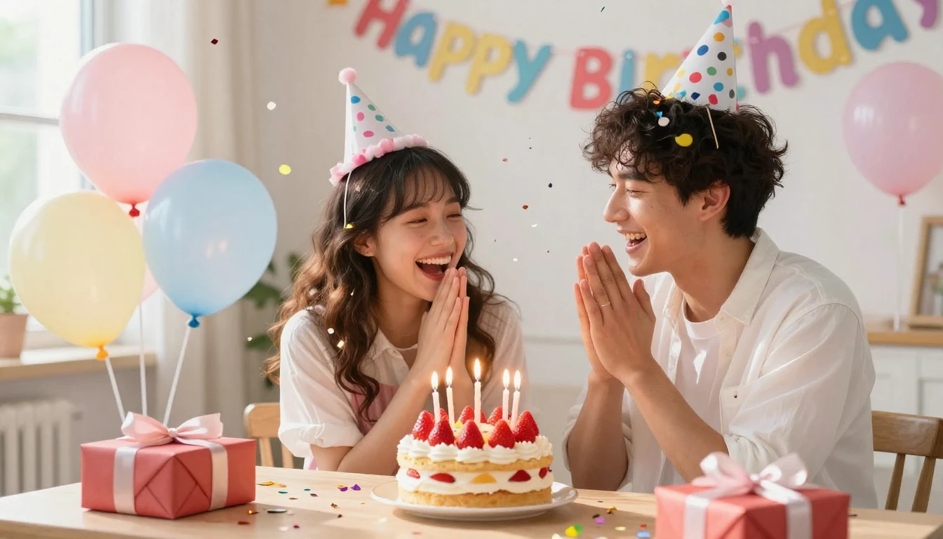 A joyful scene of two young friends celebrating a birthday i...