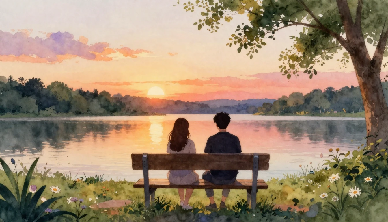 A beautiful watercolor painting depicting two silhouettes of...