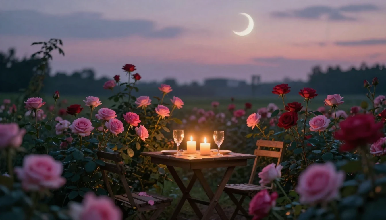 A dreamy and romantic scene of a quiet garden at dusk. Soft ...
