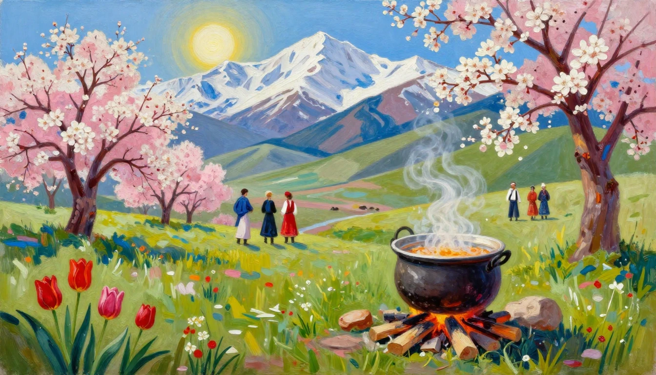 A vibrant and colorful oil painting depicting the celebratio...