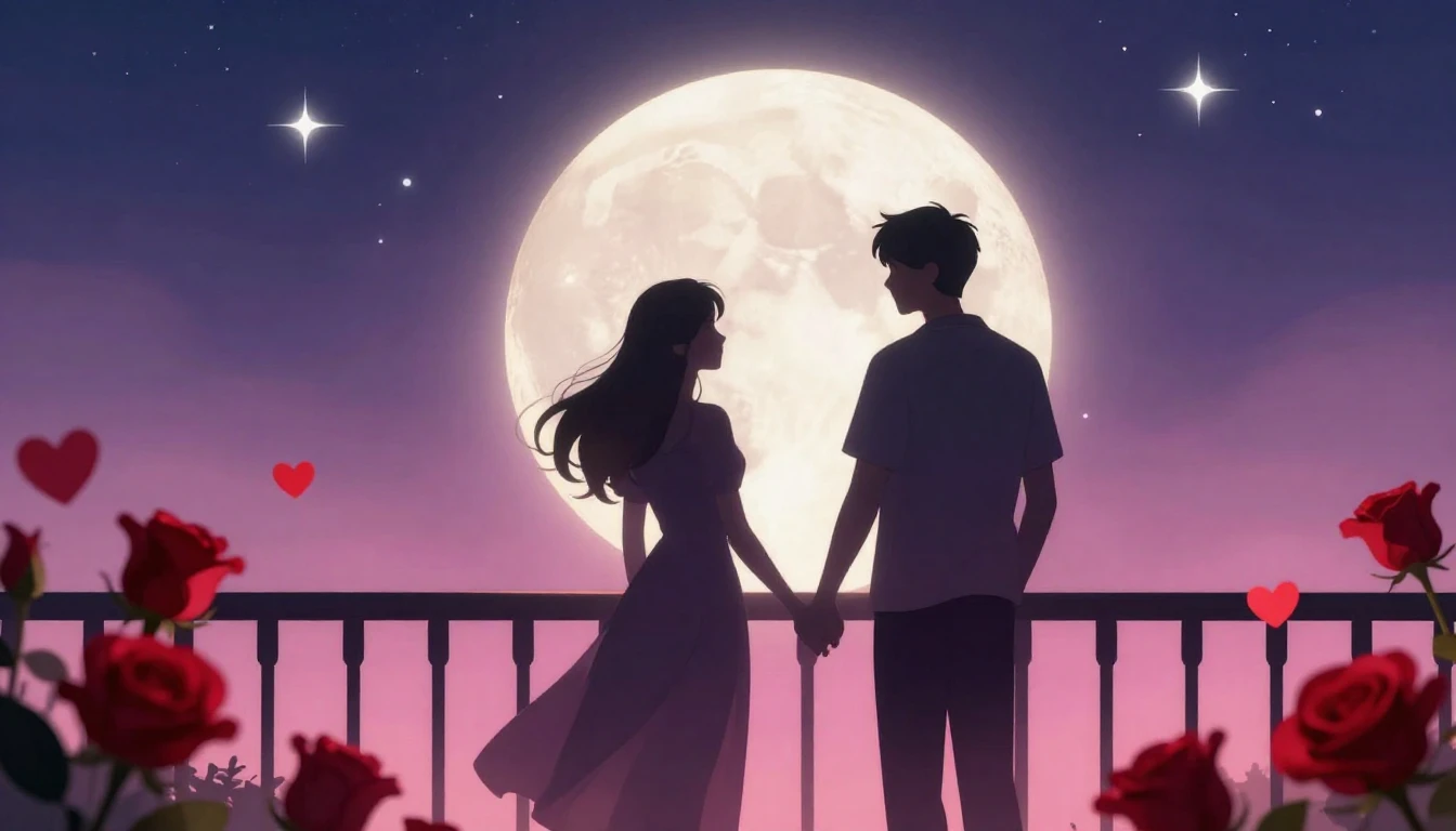 A romantic and dreamy illustration featuring a silhouette of...