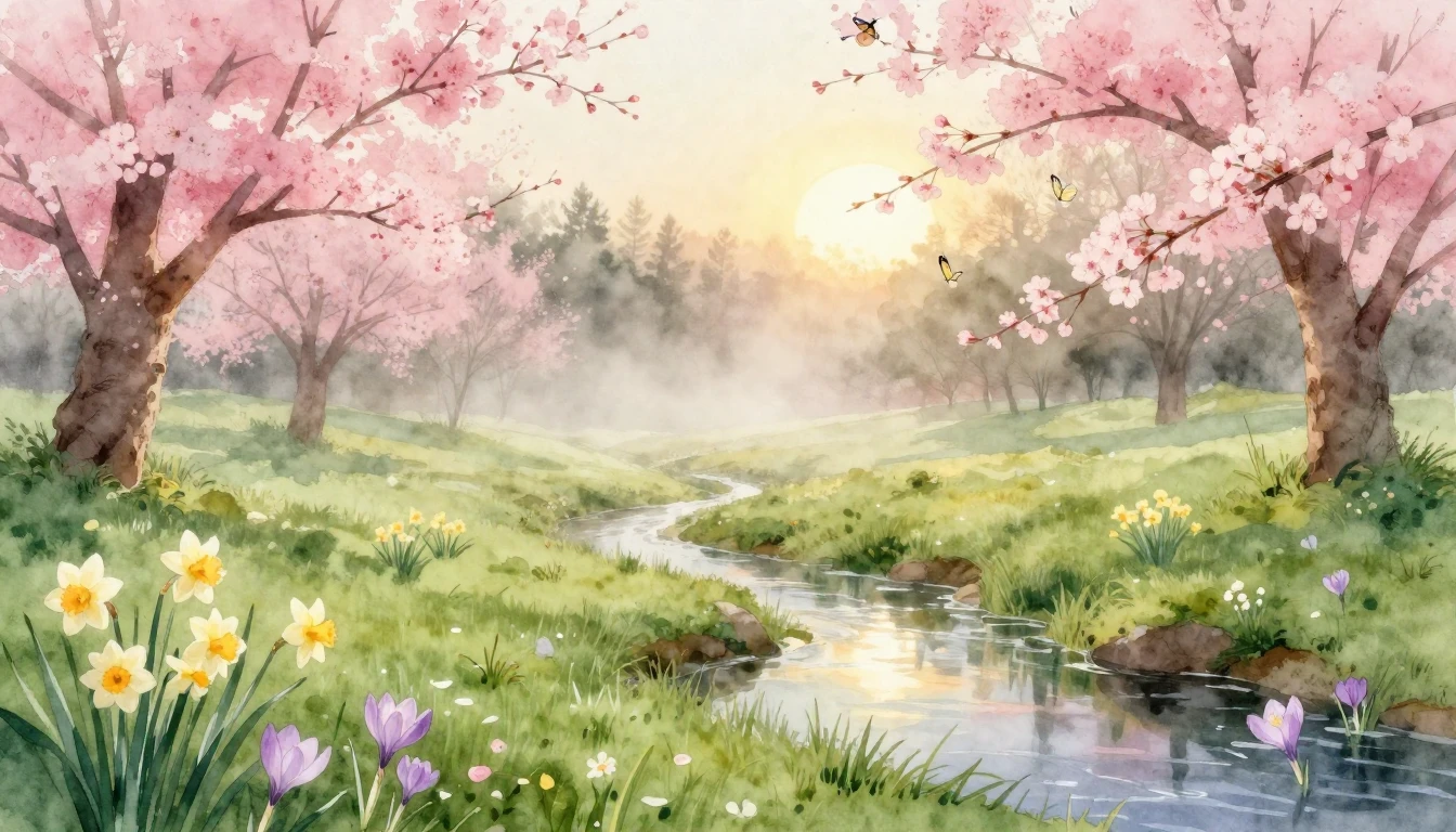 A serene watercolor painting of a lush green meadow at sunri...