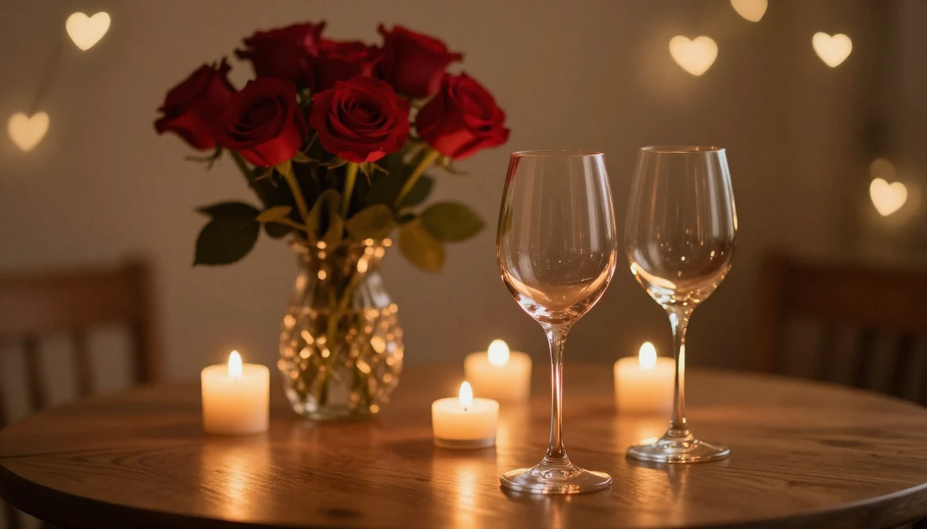 A serene and romantic scene featuring two elegant wine glass...