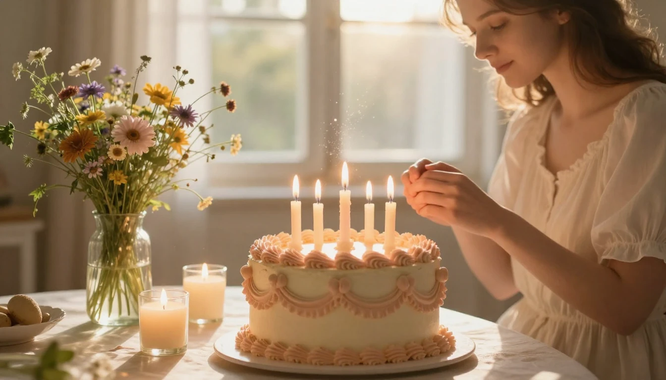 A beautiful and elegant birthday setting, featuring a soft p...