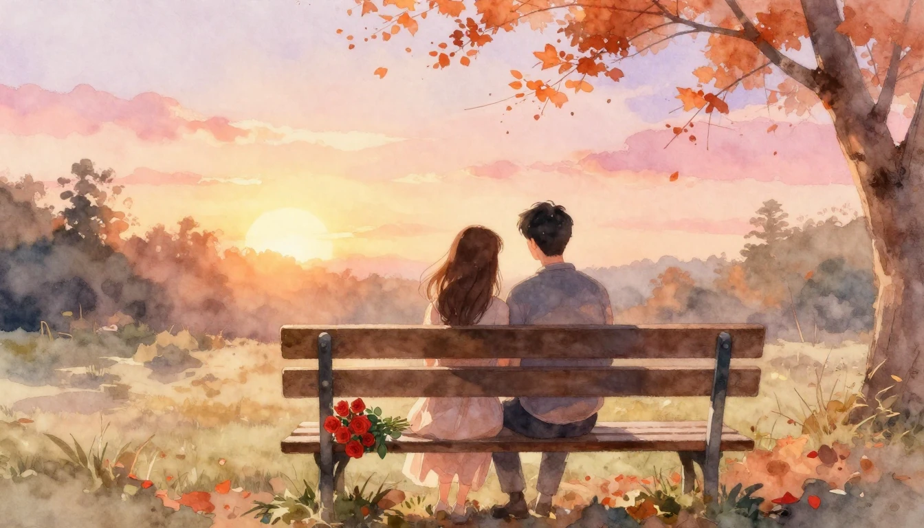 A soft and dreamy watercolor painting of a couple sitting cl...