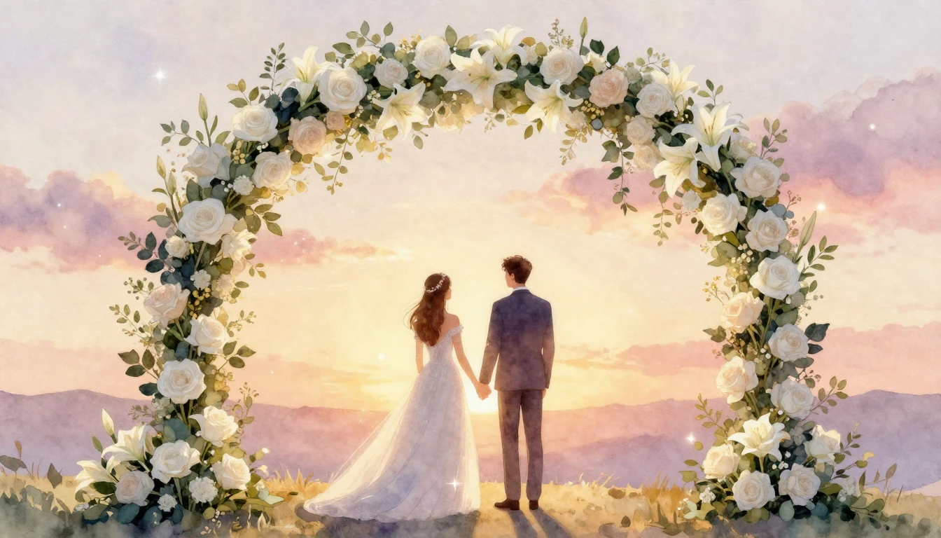 A soft and dreamy watercolor painting of a wedding couple st...