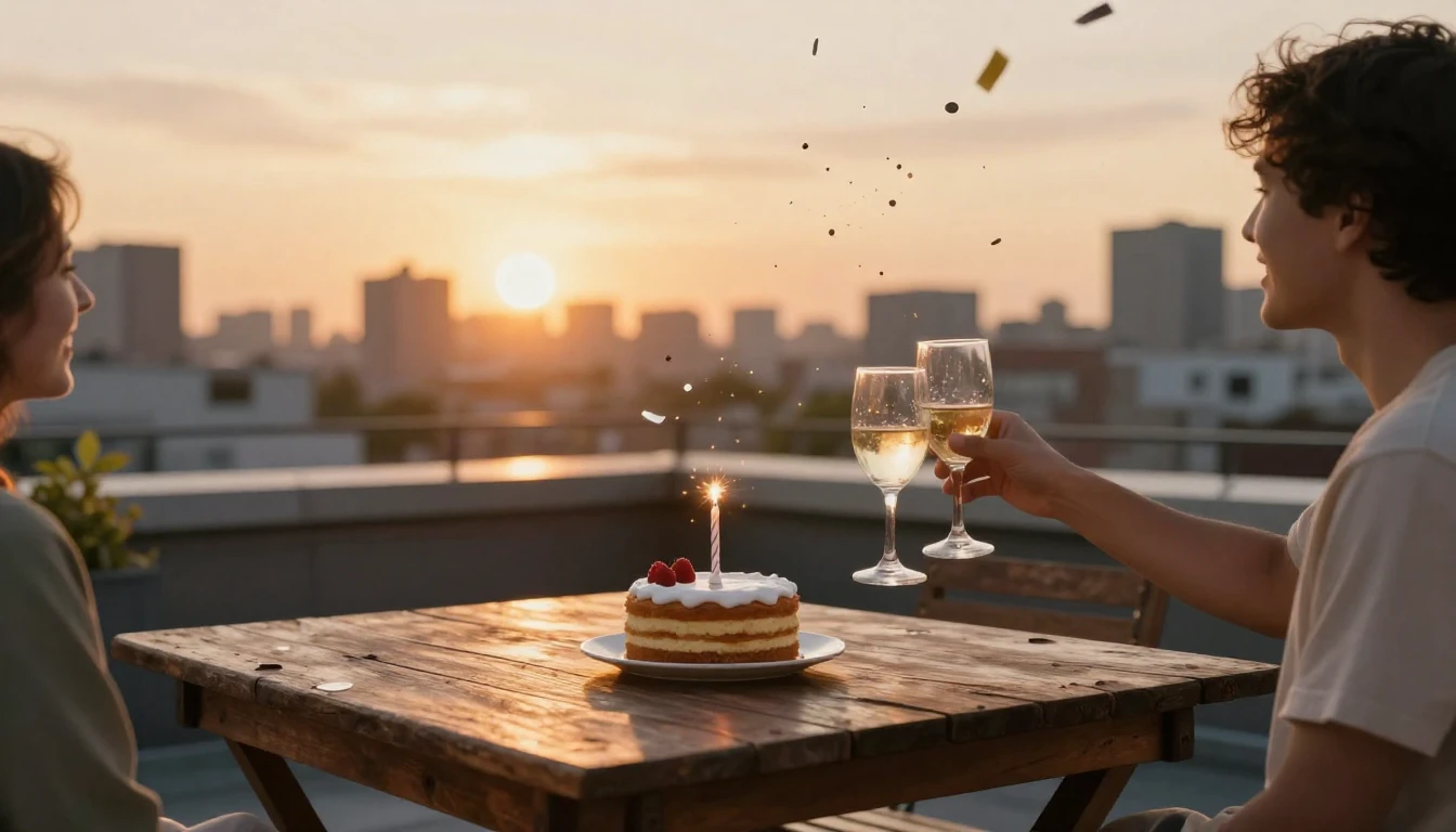 A warm and nostalgic scene of a birthday celebration on a ro...