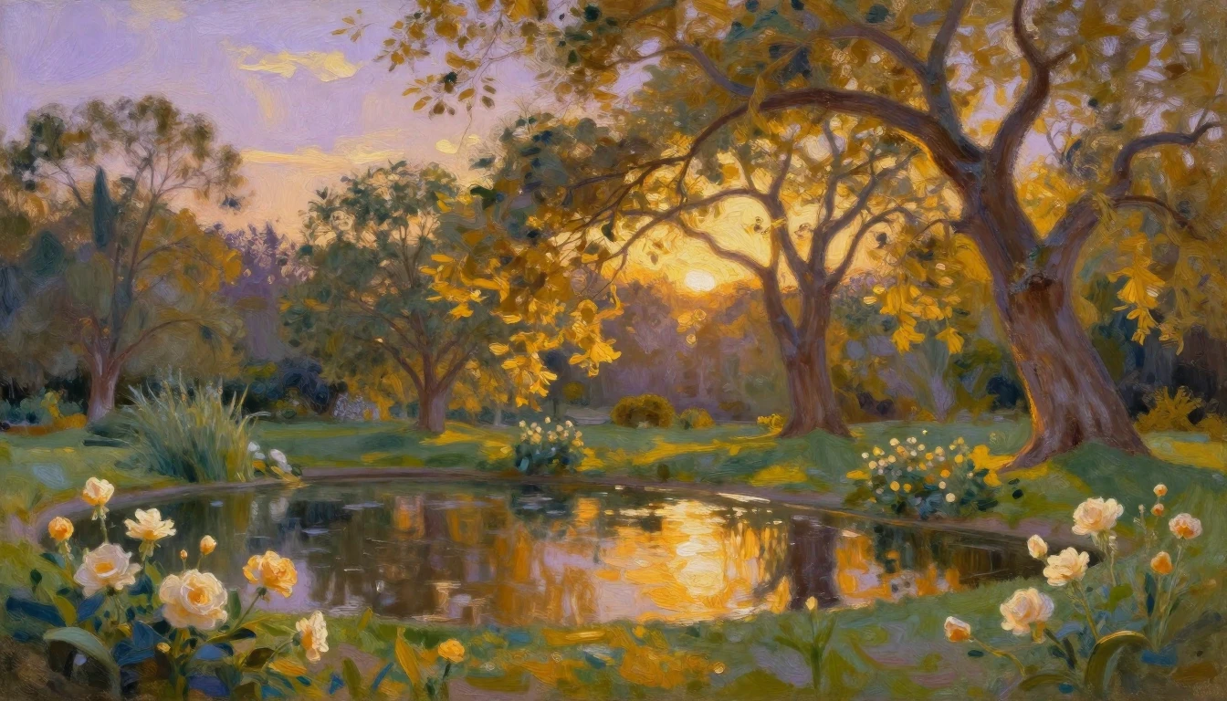 An impressionist painting of a tranquil garden at sunset. Wa...