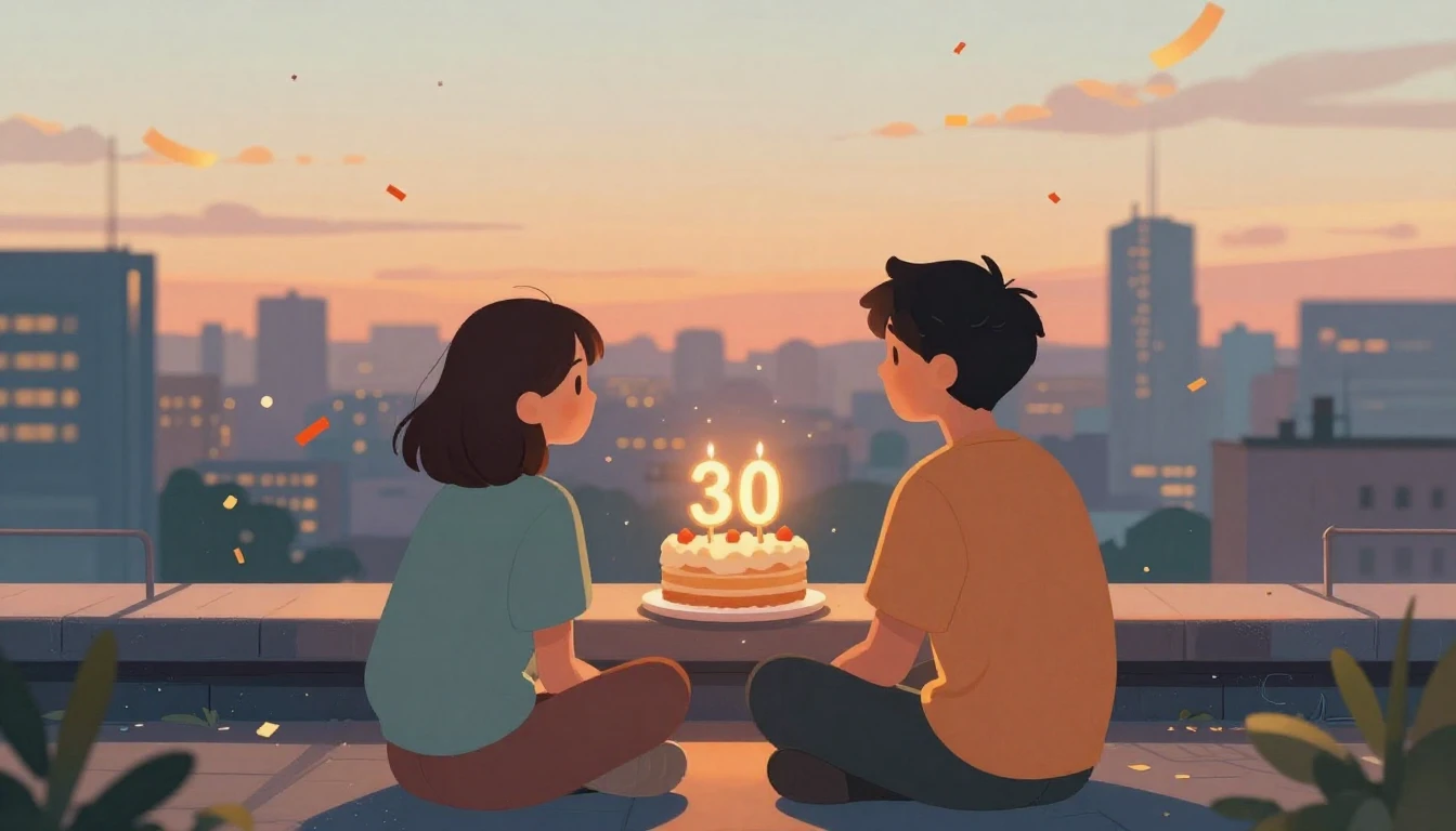 A warm and nostalgic illustration of a 30th birthday celebra...