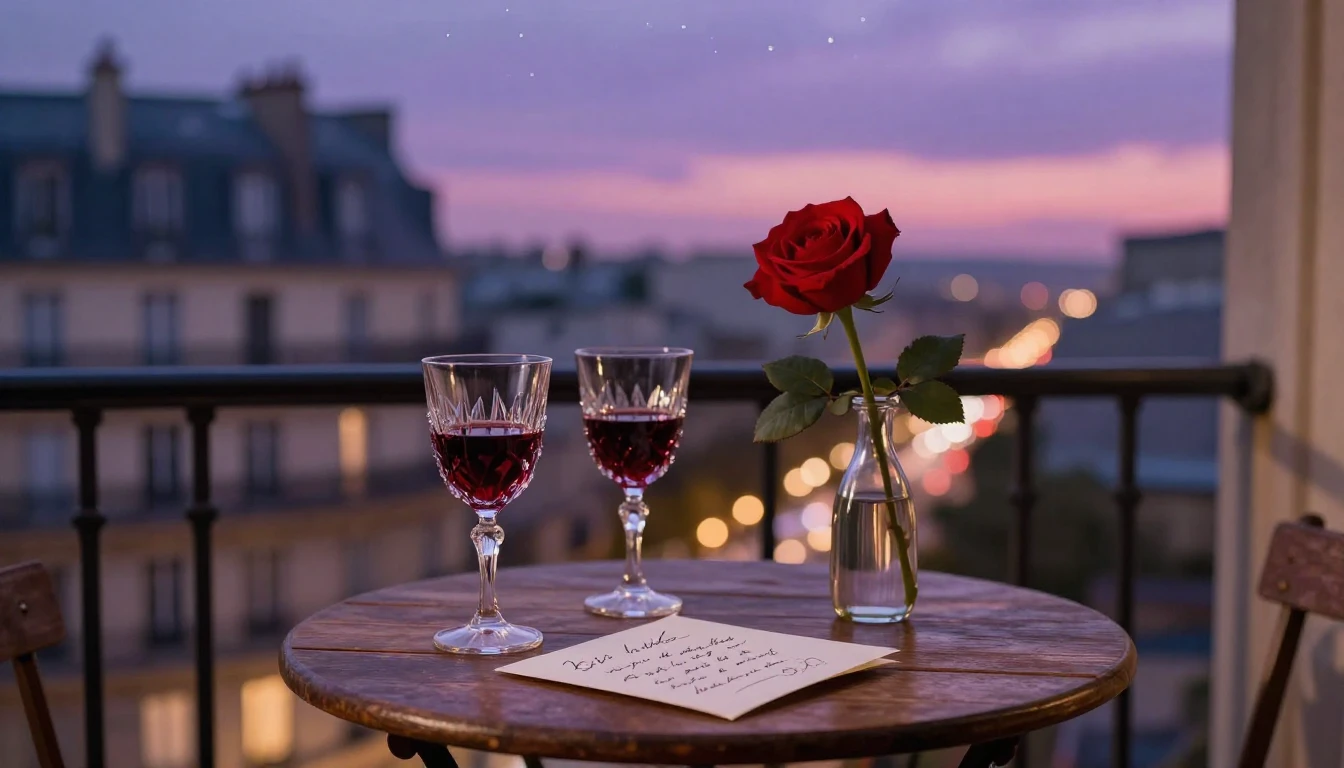 A highly romantic and intimate scene set on a small balcony ...