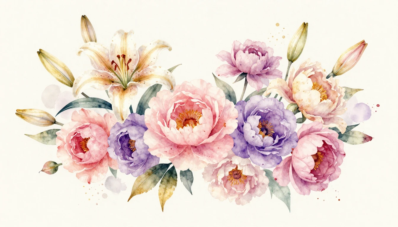 A beautiful watercolor painting of various blooming flowers ...