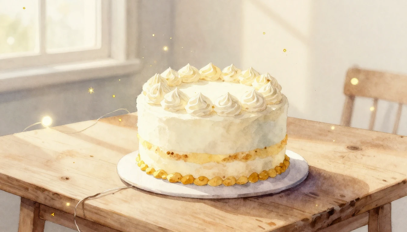 A soft watercolor painting of a delicate cake sitting on a r...