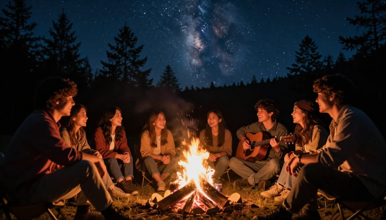 A warm and nostalgic scene of a group of friends sitting tog...